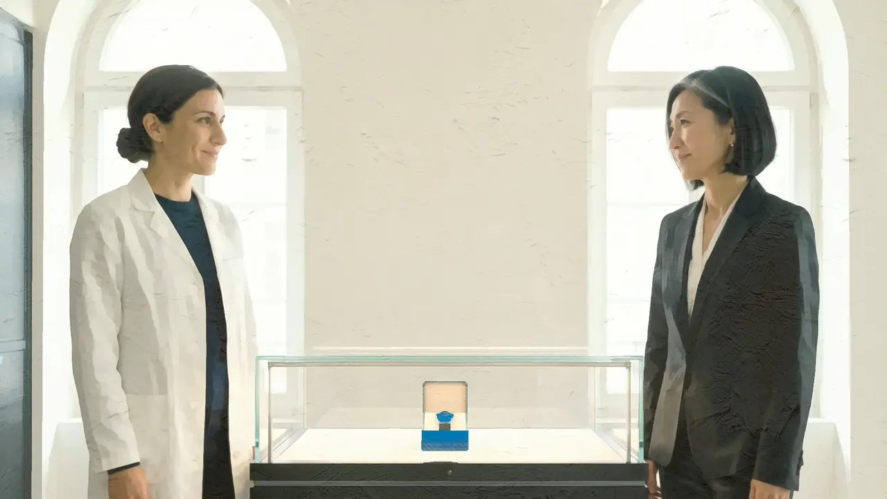 Painting of two women facing each other across a glass case, in a white room with two arched windows.