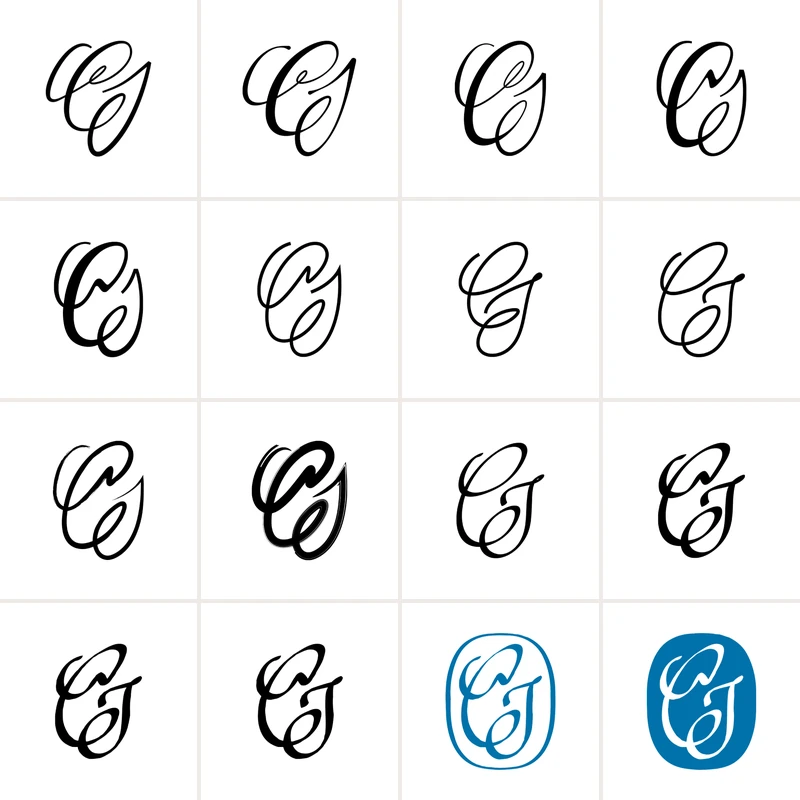 Sixteen drawings in a grid: 14 sketches of a script C and J in black, then the monogram in a cerulean outline Ellipse and in the solid cerulean Ellipse.