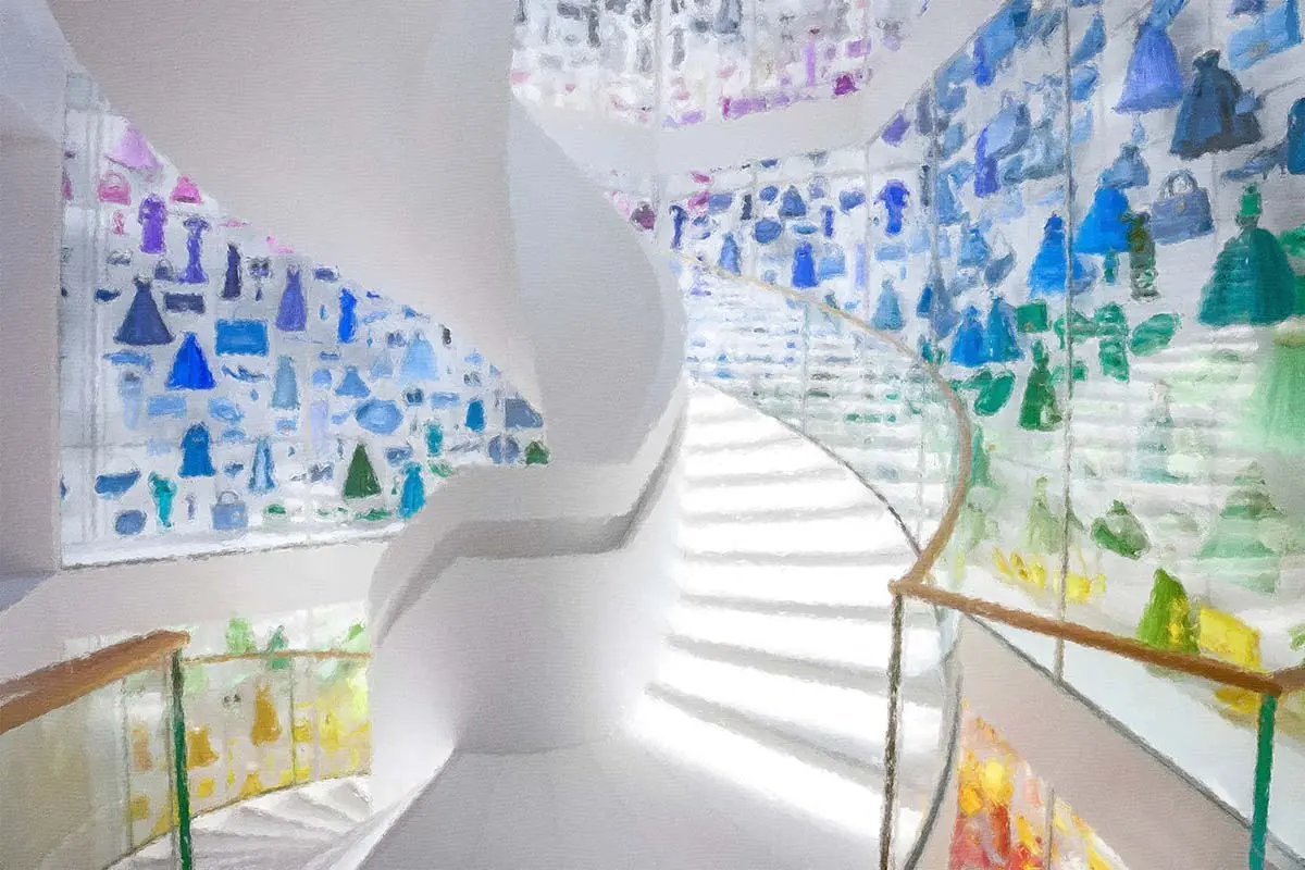 Oil painting of the staircase at La Galerie Dior museum in Paris