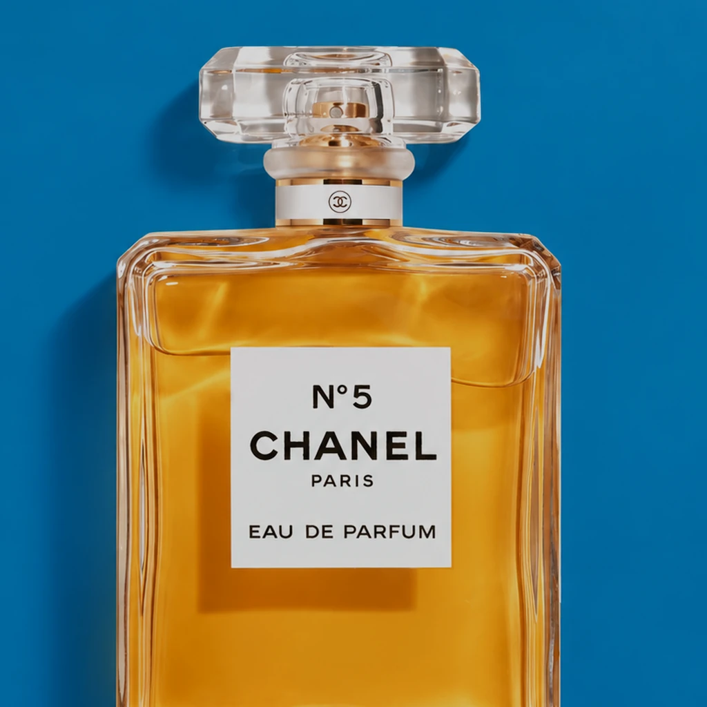 The stopper and label of a Chanel N°5 bottle against a cerulean blue background