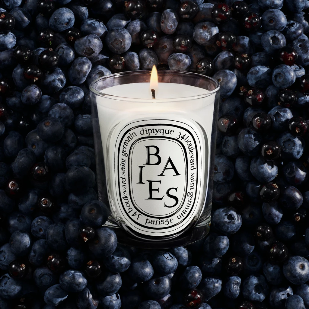 A lit Baies candle surrounded by blue-black berries