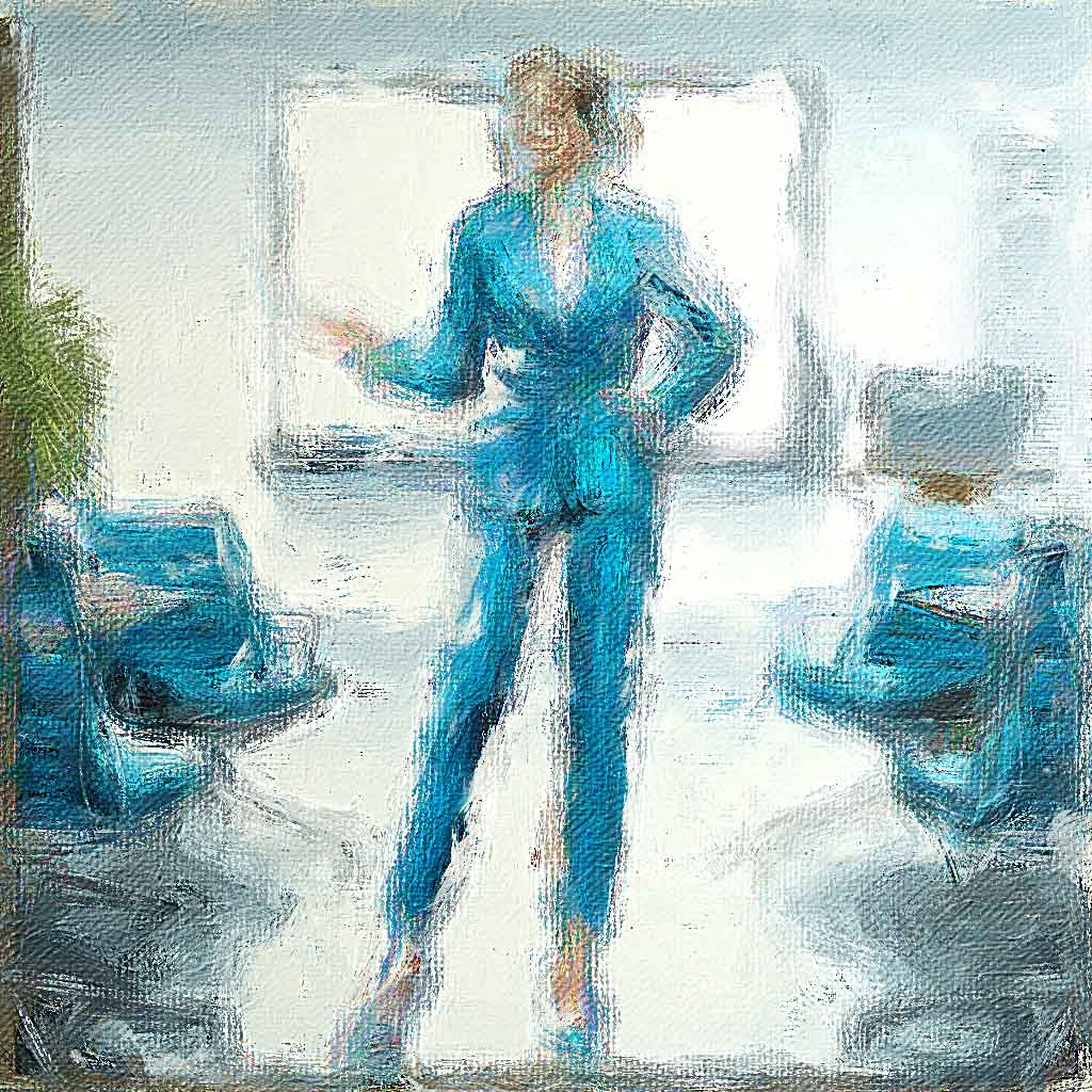 Painting of a professional in a cerulean blue business suit.