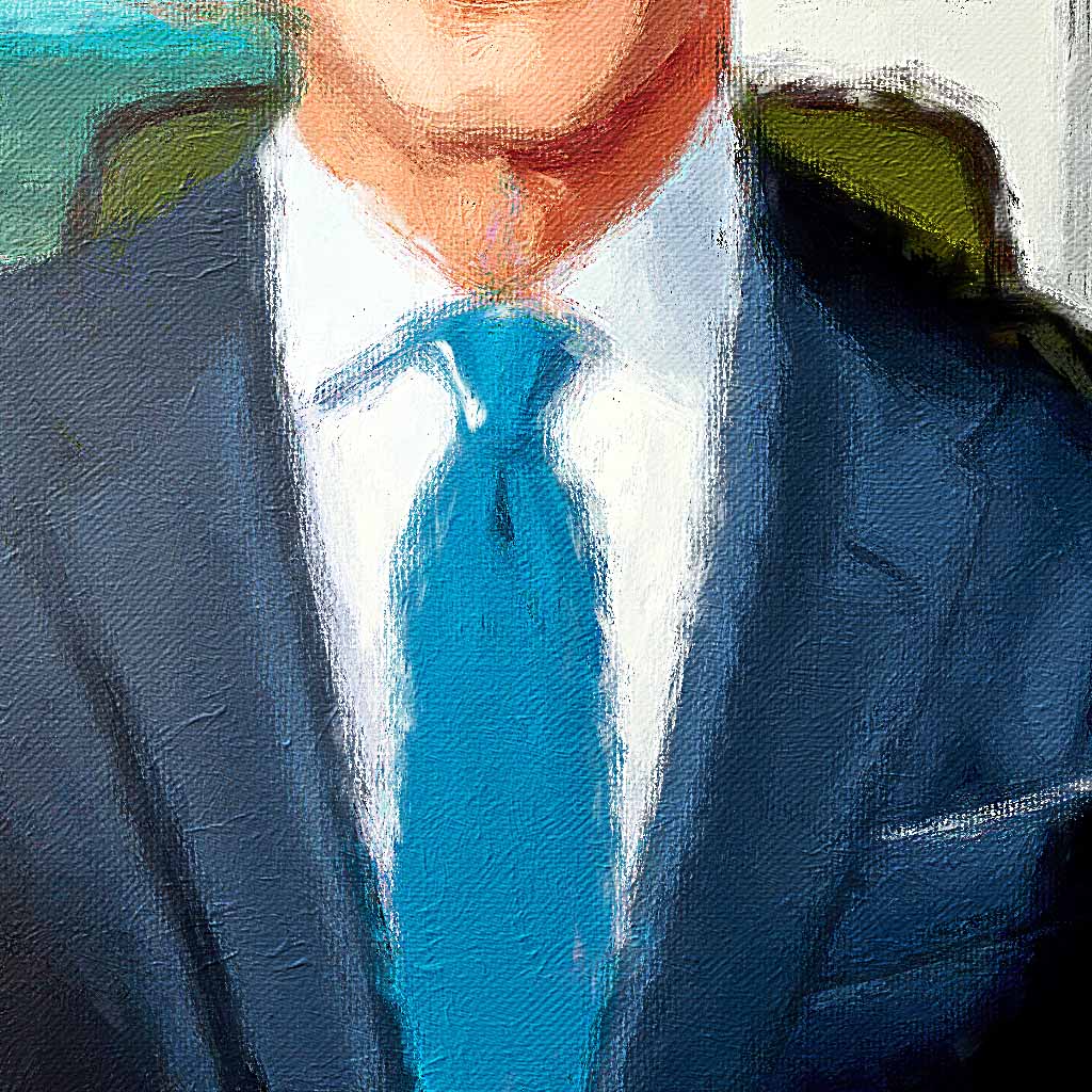 Painting of a man in a bespoke navy suit with a cerulean blue tie.