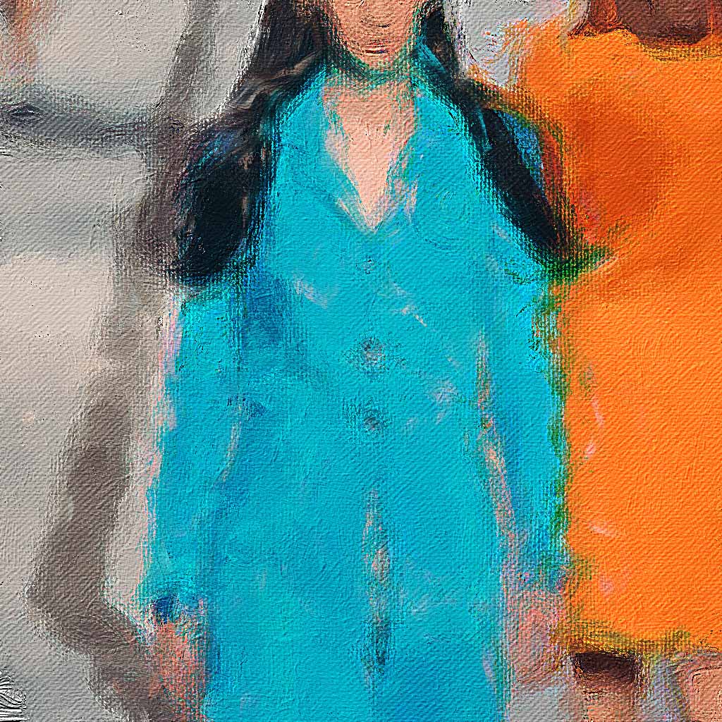 Painting of a fashionable women in a cerulean blue coat.