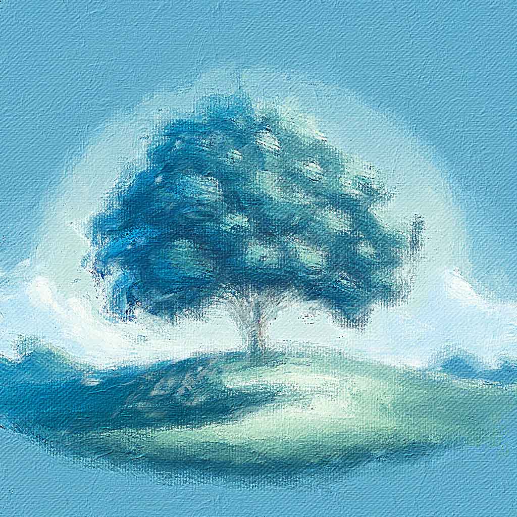 Painting of a healthy cerulean blue tree in nature.