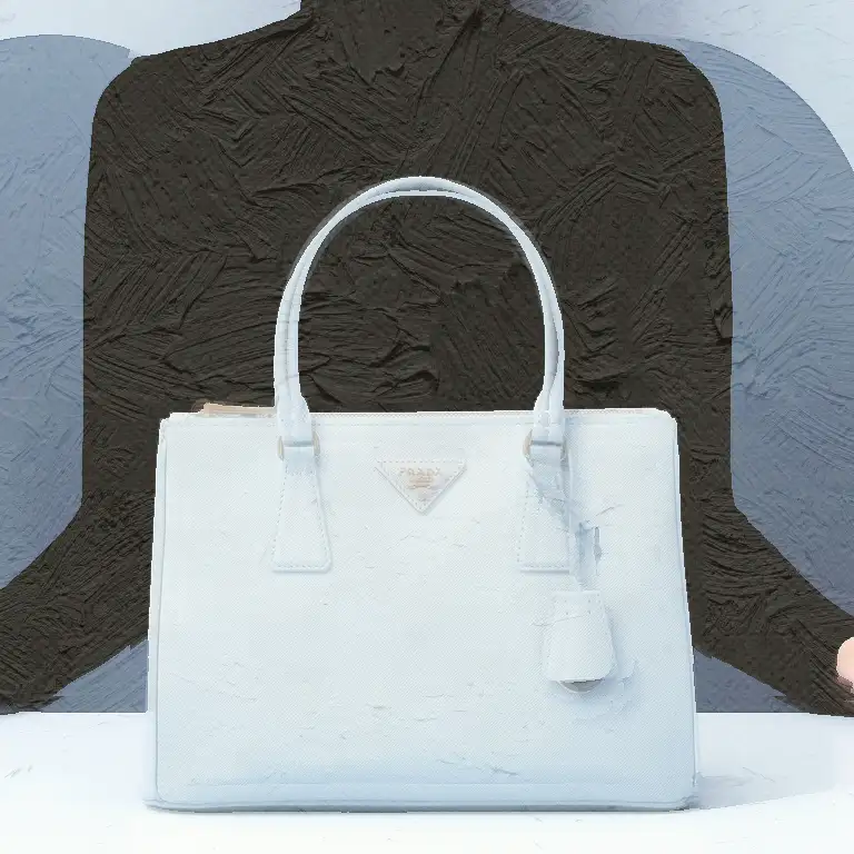 A pale blue Galleria in Prada’s 2022 campaign: the structured bag framed by hands and blue arches